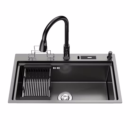 Einzelbecken-Küchenspülen aus Edelstahl 304 mit verstellbarem Geschirrkorb über der Spüle